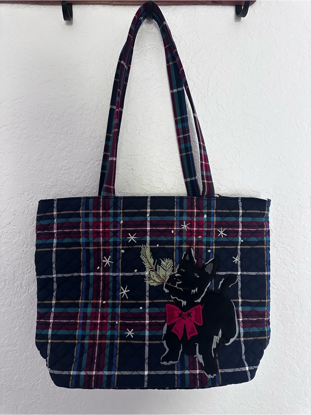 Vera Bradley Navy & Burgundy Plaid Tote with Black Scottie Applique